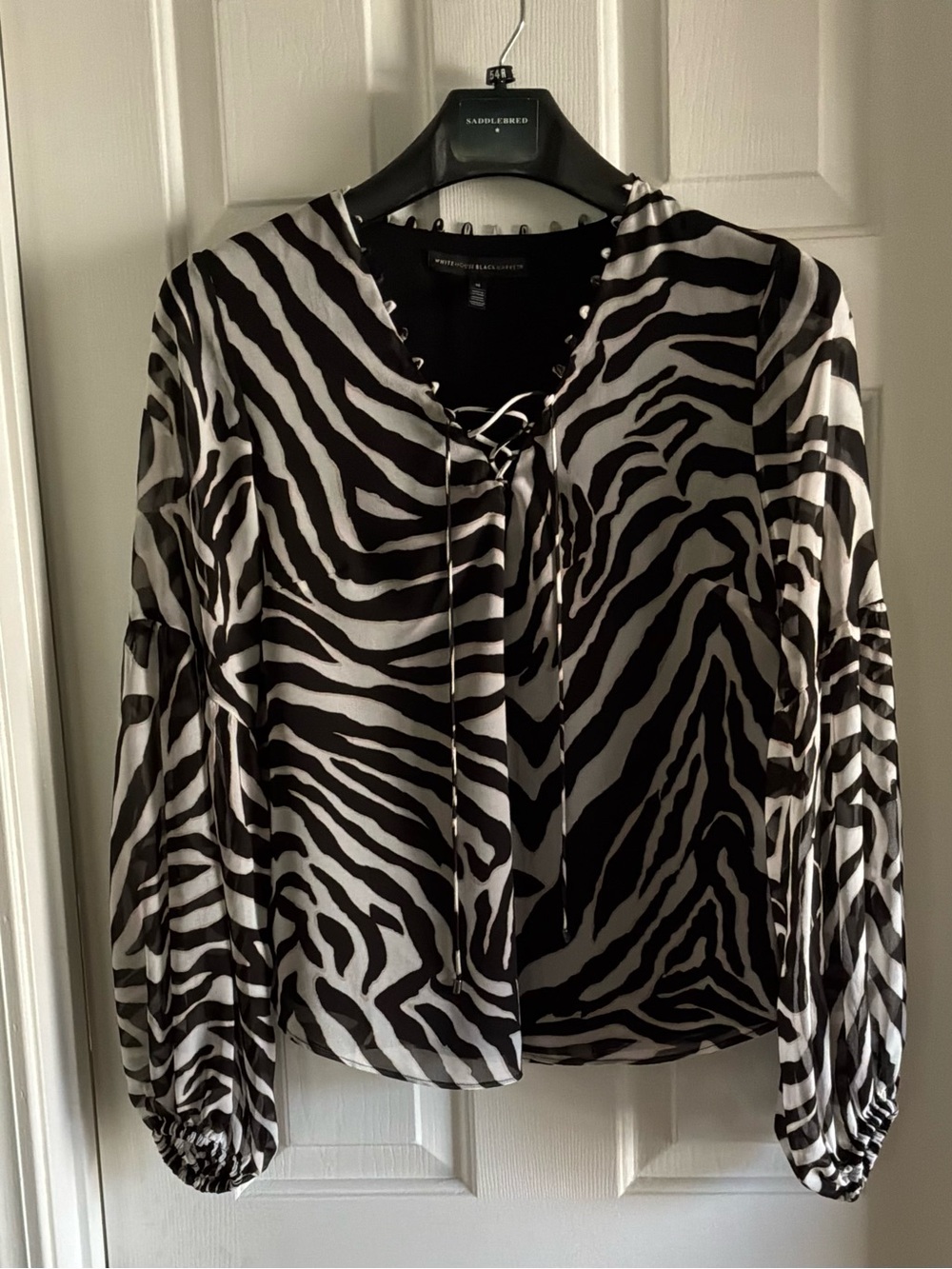 White House Black Market Zebra-Print Lace-Up Blouse - Black & White